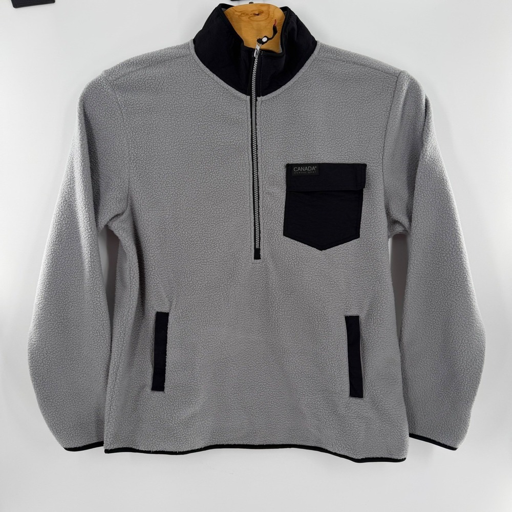 Canada Weather‎ Gear Fleece Pullover Jacket Gray Black Pocket Quarter Zip XL